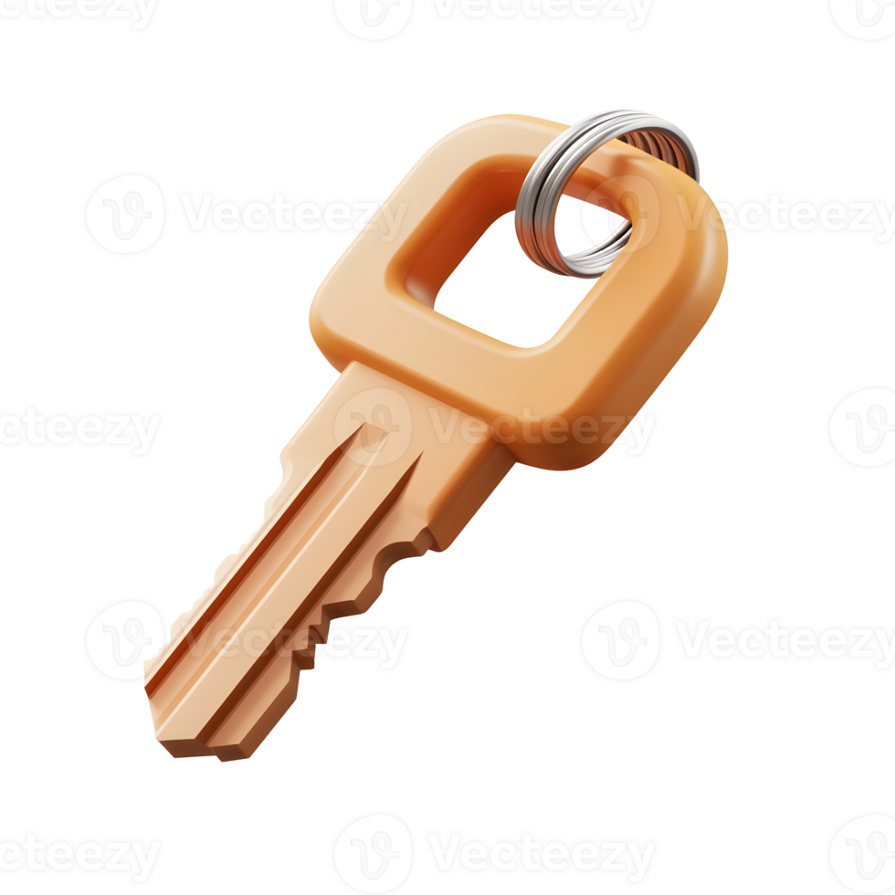 Simple 3D house key with brown handle, symbolizing access and security. png