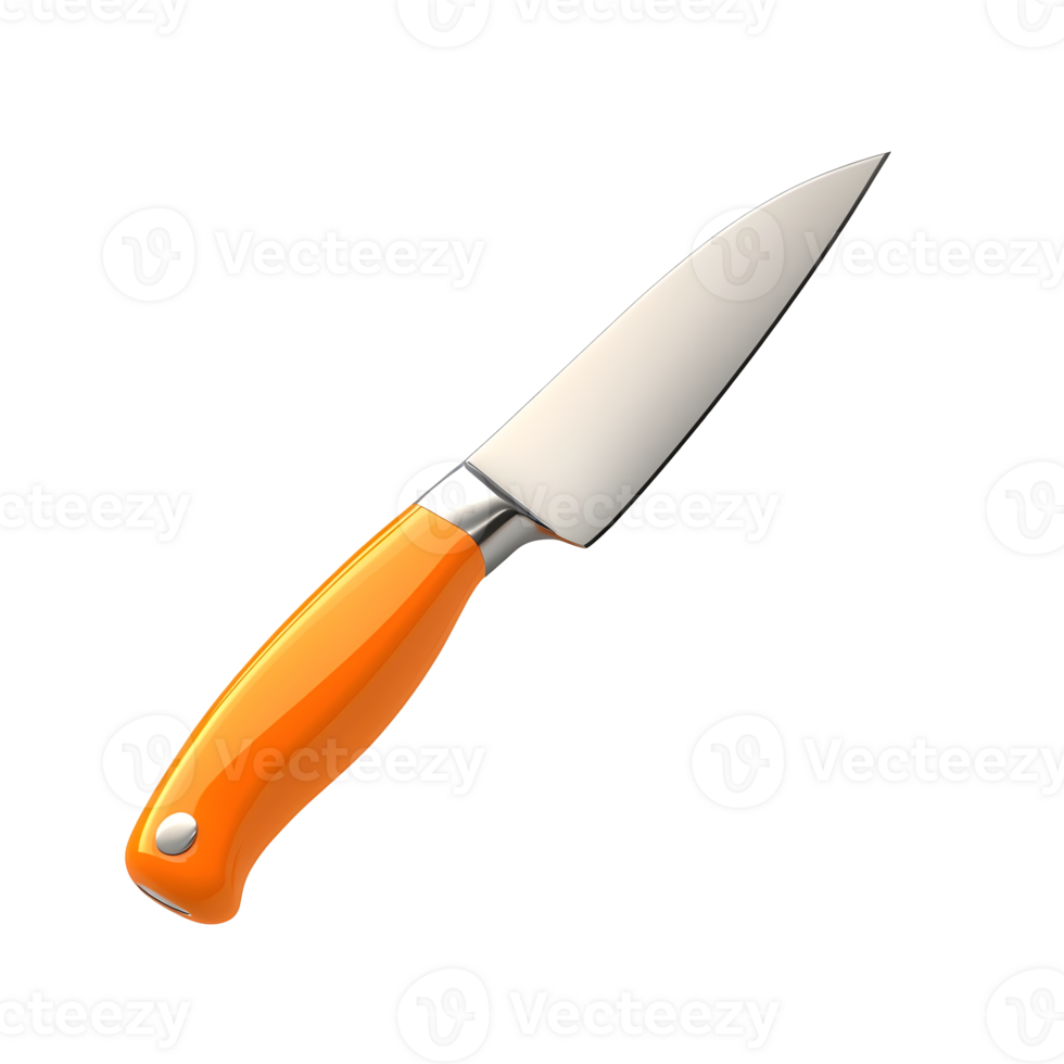 3D kitchen knife with orange handle and shiny blade. png