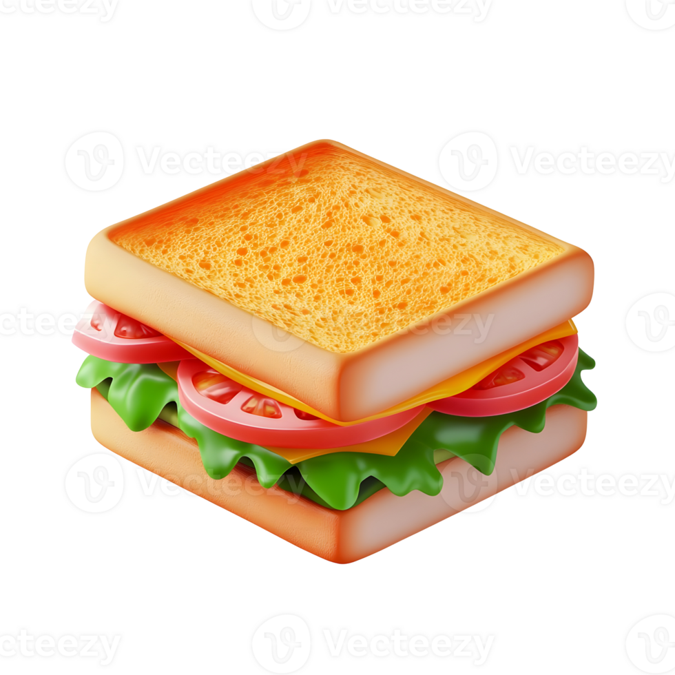 3D sandwich with layers of bread, lettuce, tomato, and cheese, ideal for lunch or snack visuals. png
