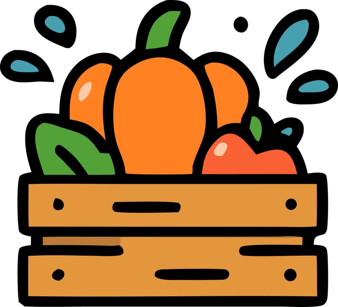 Fresh produce highlighted in a wooden crate with a pumpkin and an apple. Perfect for food blogs, grocery store promotions, and foodrelated designs vector