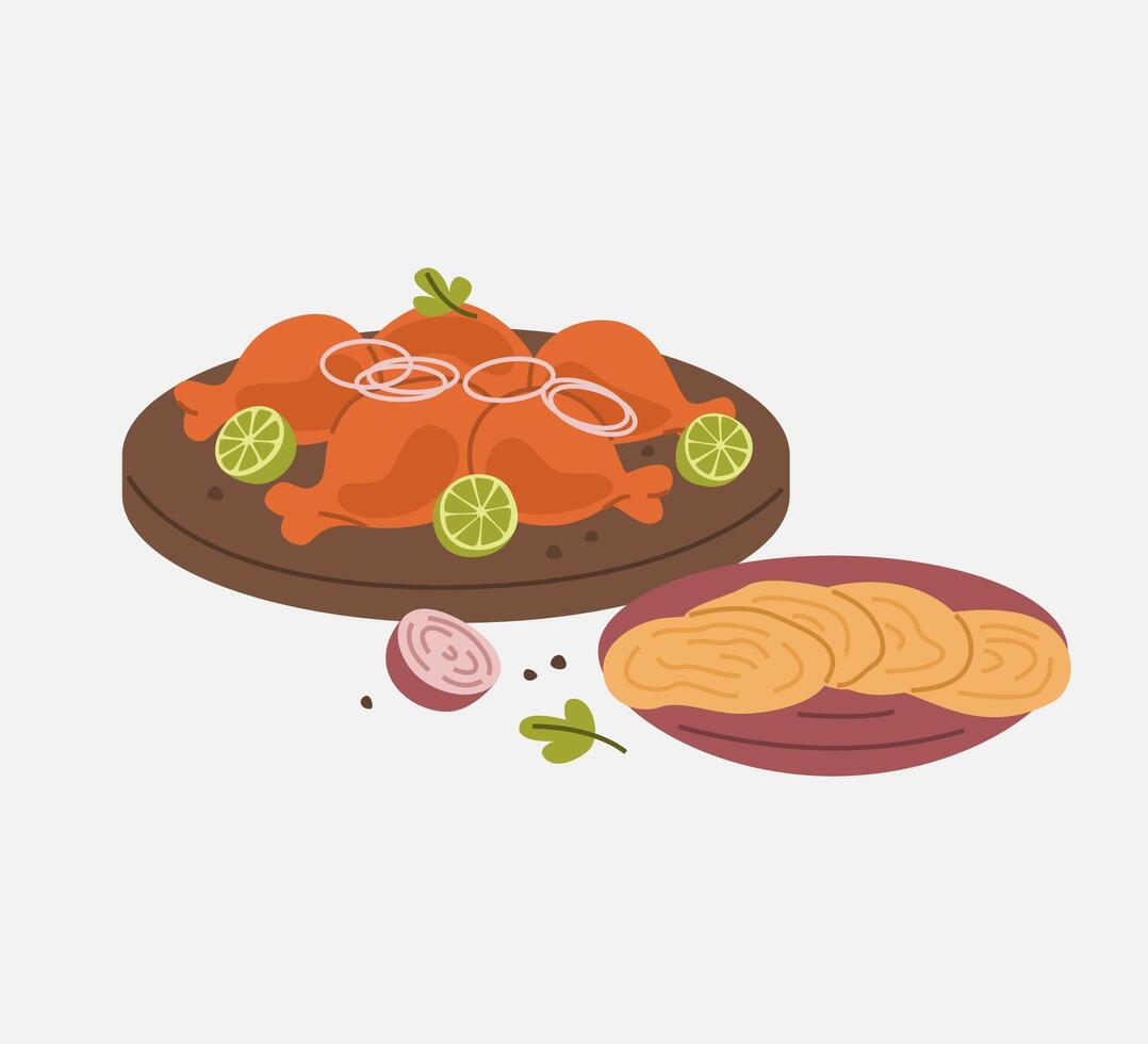 Tandoori Chicken with Parotta and Garnish Illustration vector