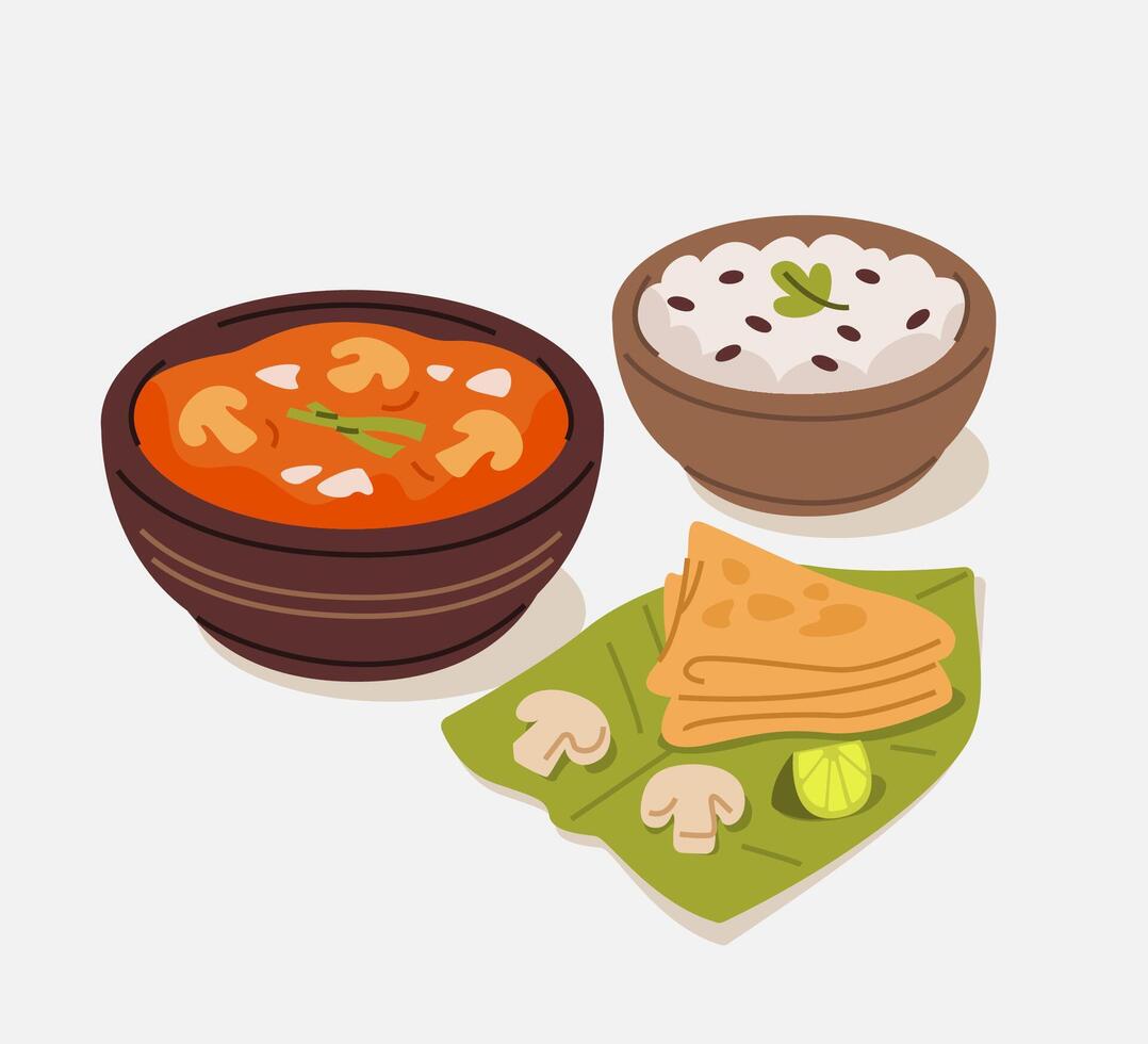 Illustration of Mushroom Masala with Rice and Roti vector