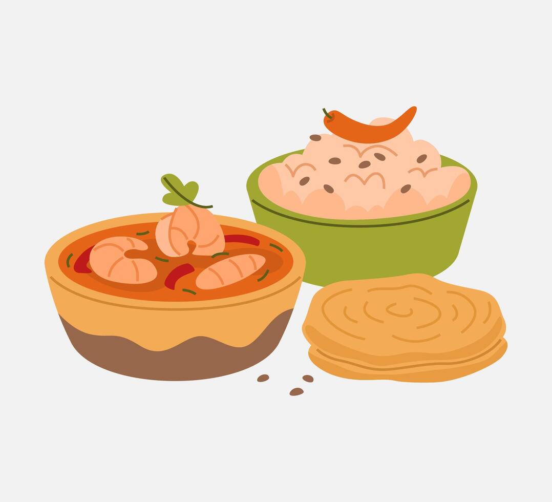 Shrimp Curry with Rice and Parotta Illustration vector