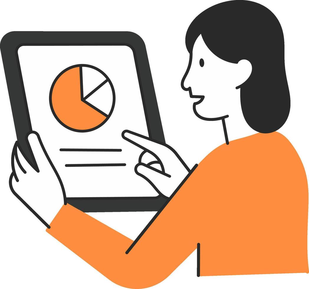 Marketing report review. Woman analyzing pie chart on tablet for data-driven decision making. vector
