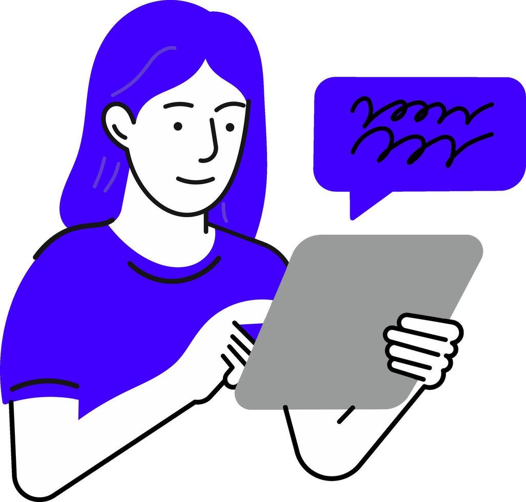 A woman holding a tablet computer with a speech bubble vector