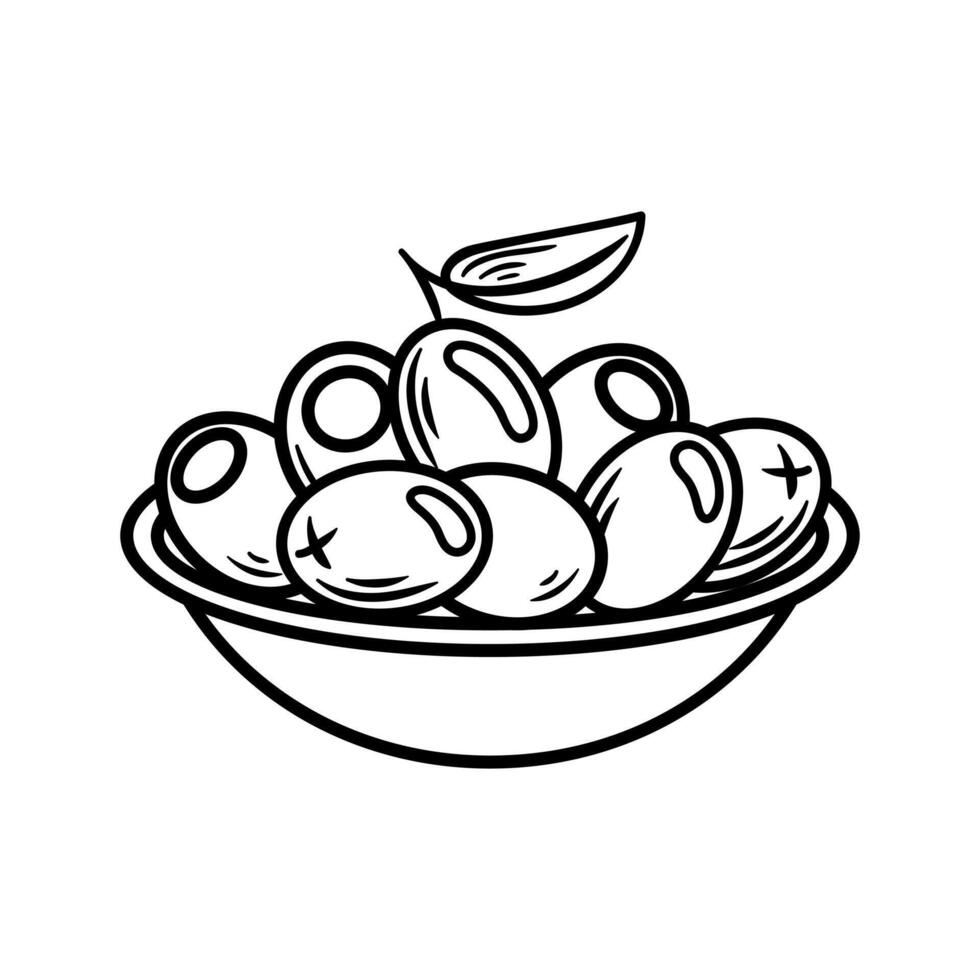 A charming sketch of a plate filled with olives, showcasing a variety of shapes. The illustration captures the essence of Mediterranean cuisine, evoking a sense of freshness and flavor. vector
