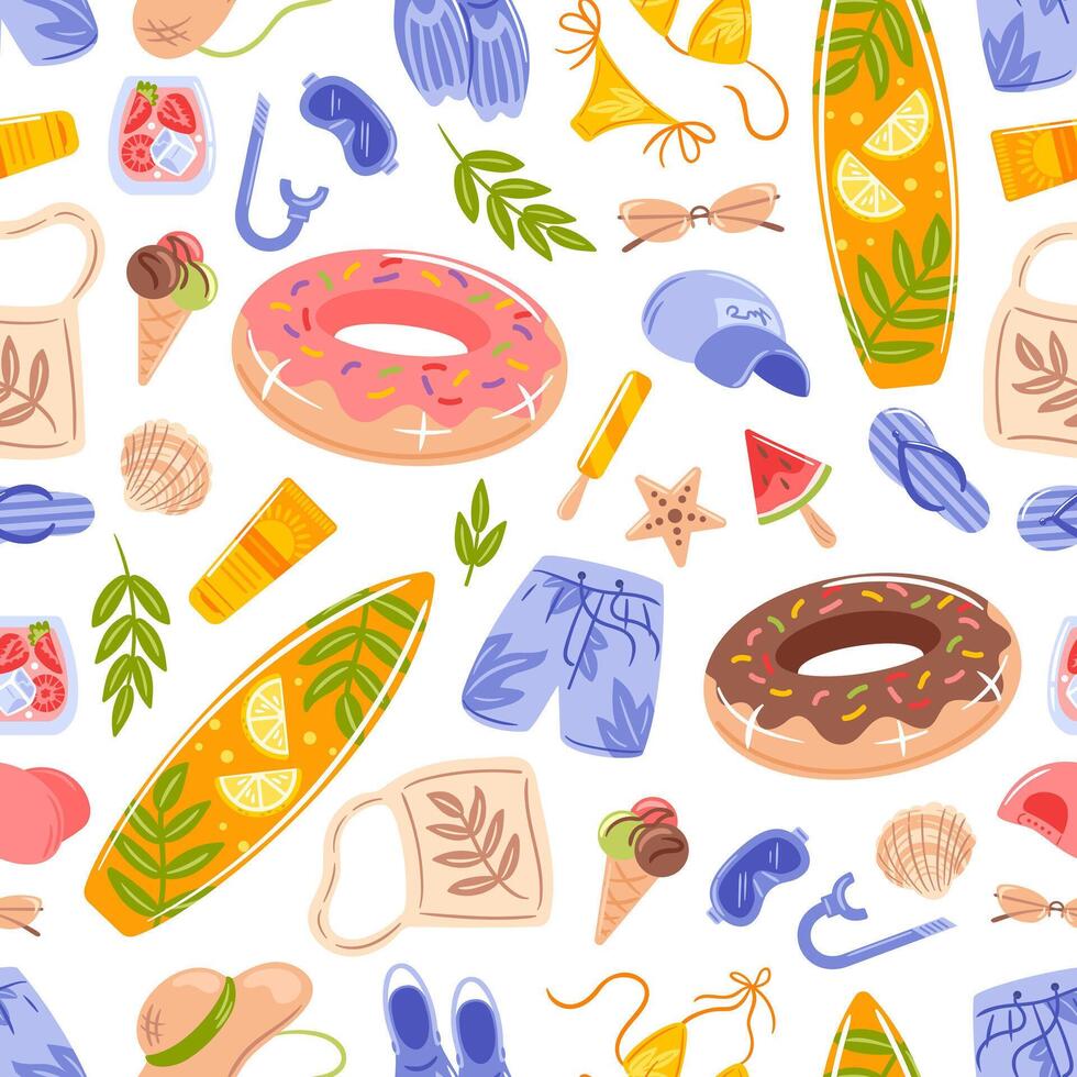 Seamless pattern of summer themed symbols including swimsuit, surfboard, sunglasses, hat, watermelon slice, donut buoy, ice cream, starfish and shell. vector