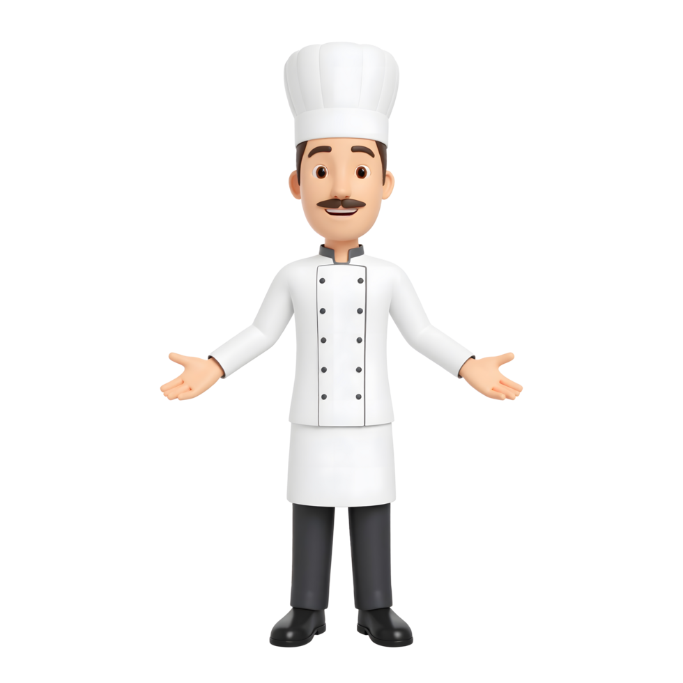 Smiling cartoon male chef in uniform character and hand gestures for business presentation 3D Icon png