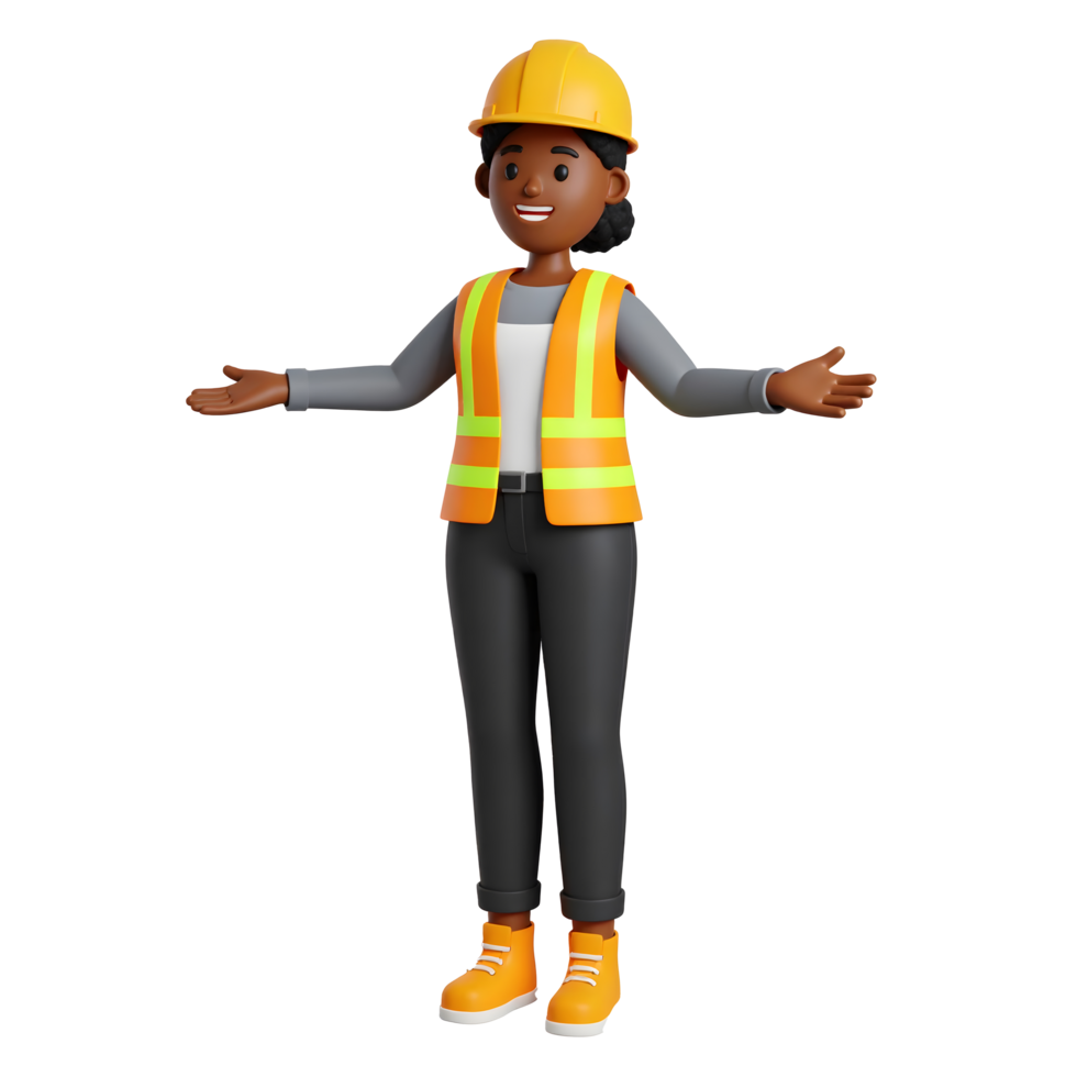 Cartoon dark skin Female character engineering Construction worker and hand gestures, wear orange reflective clothing for the safety of the work operation 3D Icon, png