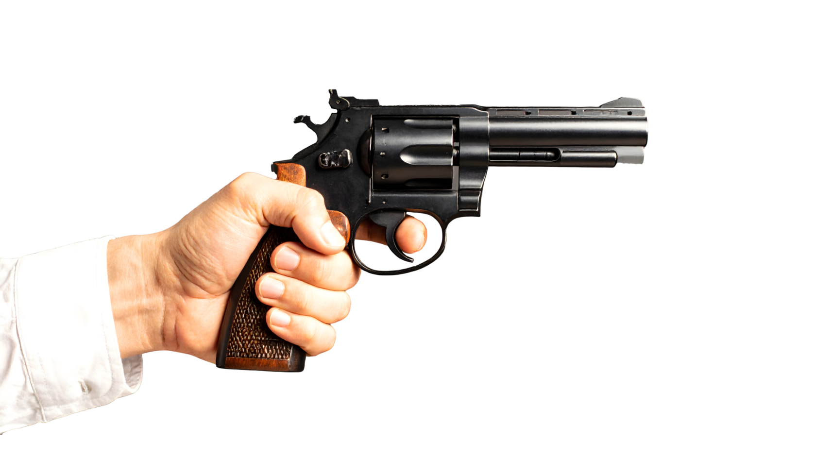Black revolver repeating handgun in man's hand, High quality png