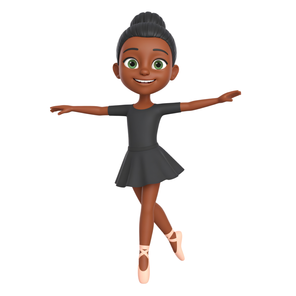 Smiling cartoon black skin female ballet dancer character and hand gestures 3D Icon png
