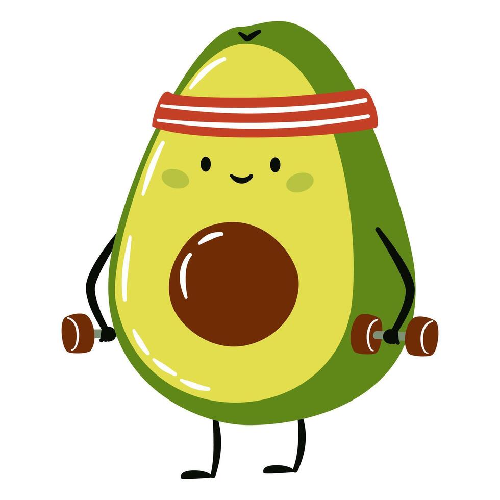 Cute avocado face avocado doing fitness with dumbbells. Flat illustration in simple child style vector