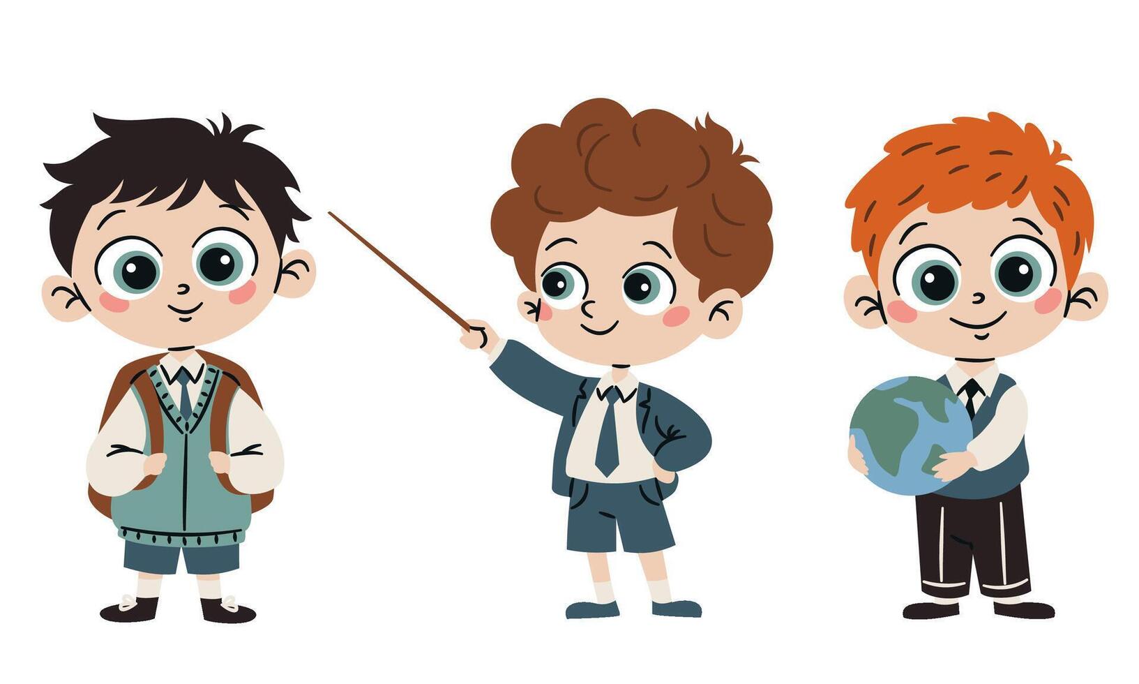 A set of flat illustrations in a simple children's style. Cute school boys with textbooks and pointing pointer on white background vector