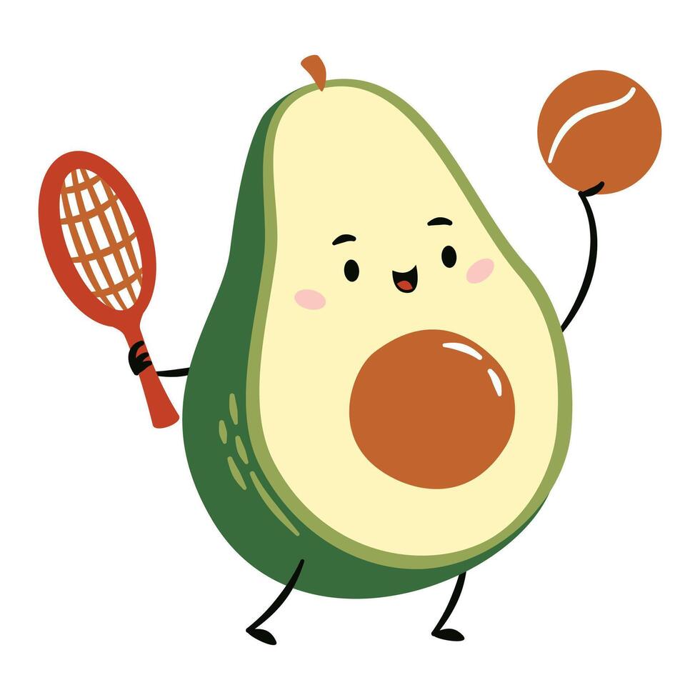 Flat illustration in a simple childish style. Cute avocado with a face with arms and legs playing tennis vector