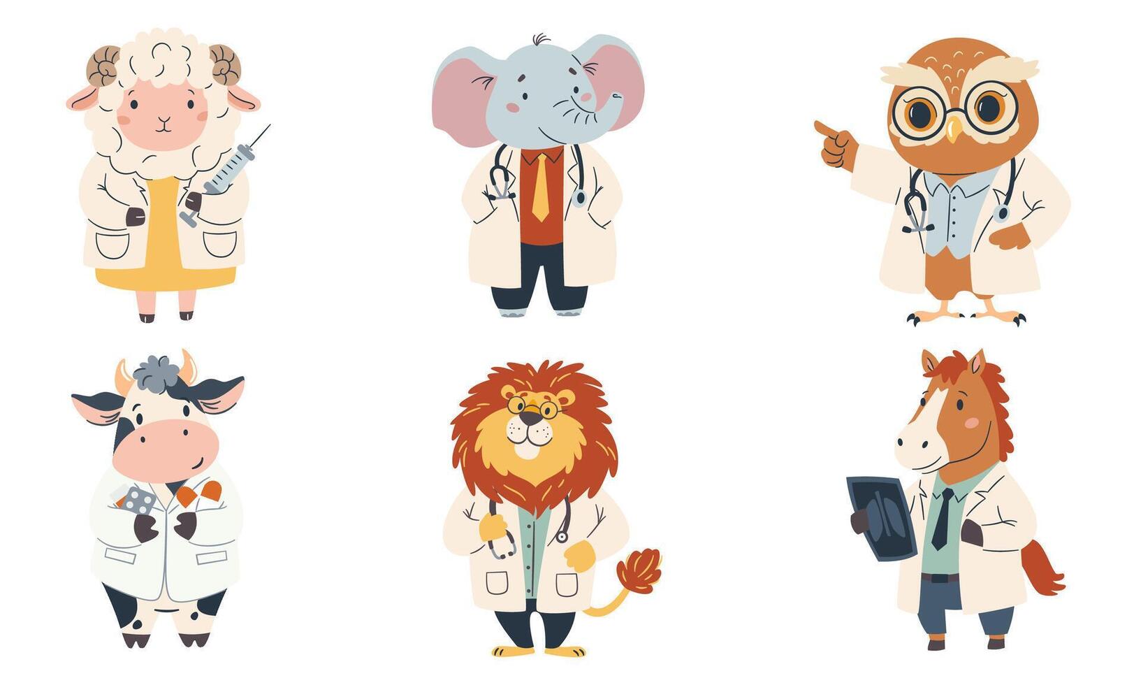 Set of flat illustrations. Cute animals in doctors costume. Lion elephant cow owl horse and sheep in white coats. vector