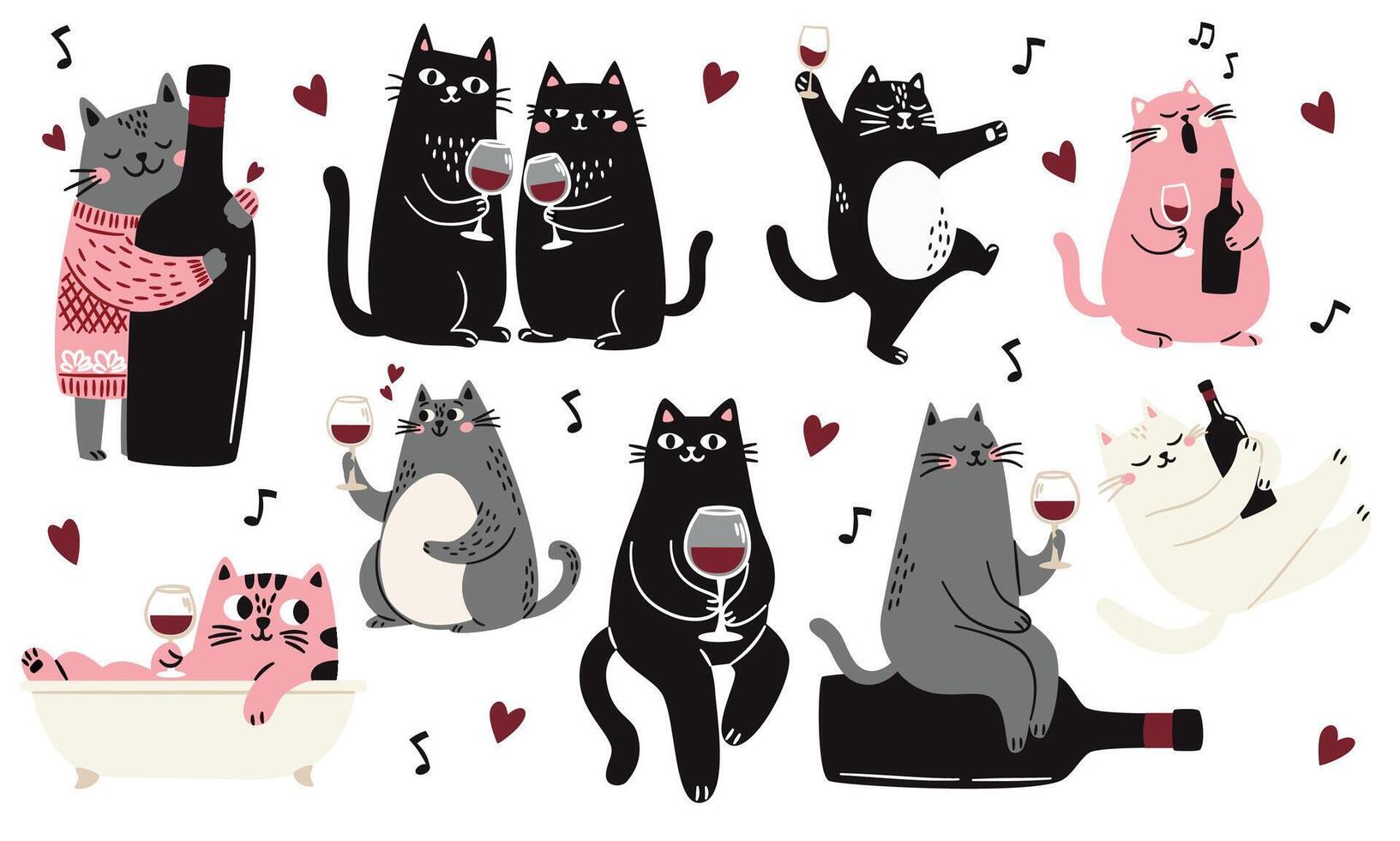 Cute Scandinavian style cats with a glass and a bottle of wine, singing and taking a bath. Flat illustrations on white background vector