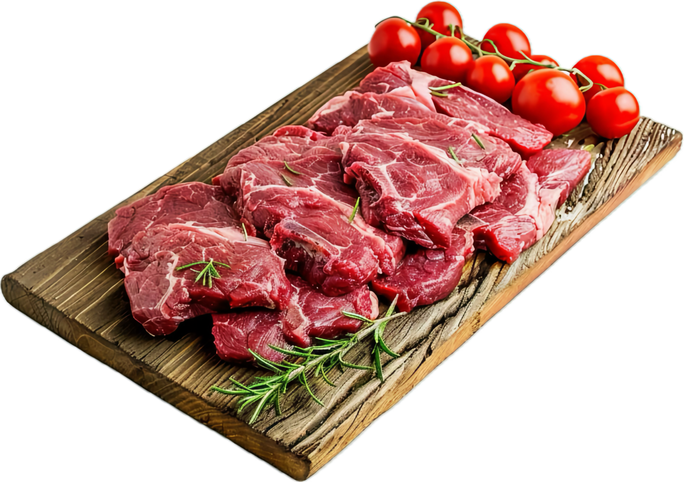 Fresh Cut Beef Steaks on Wooden Board with Cherry Tomatoes png