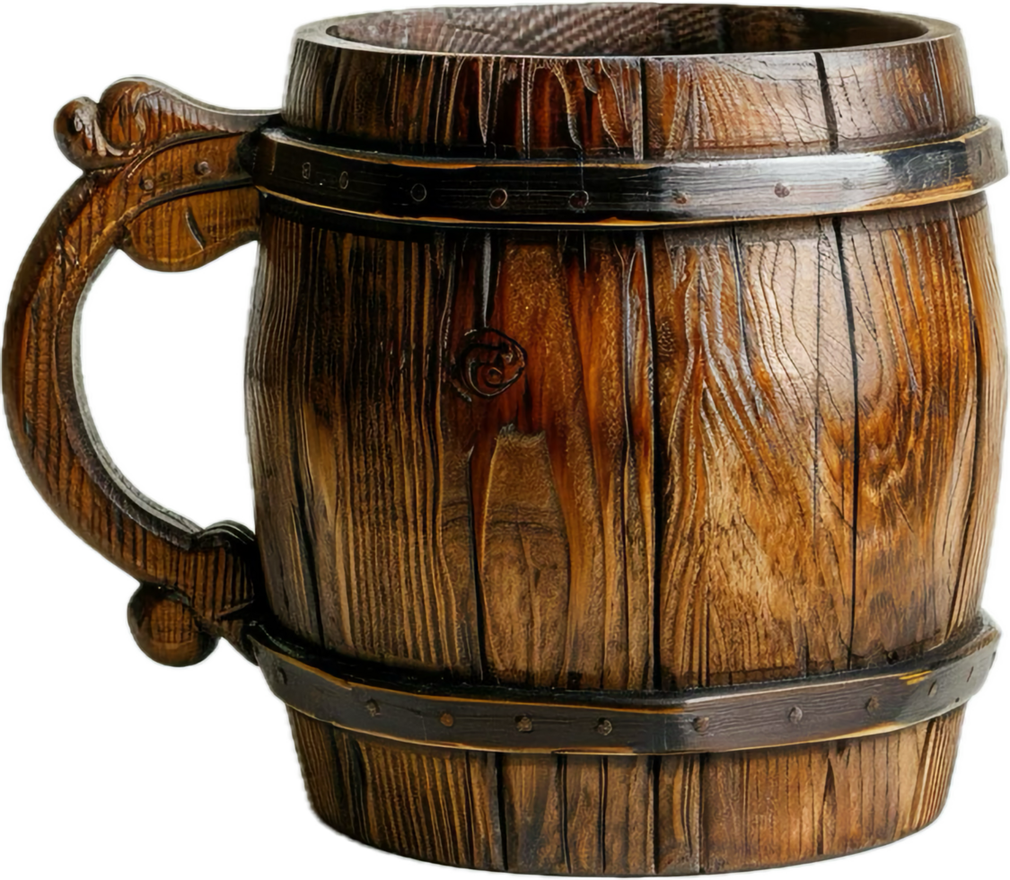 Rustic Wooden Barrel Mug with Intricate Carvings and Details png