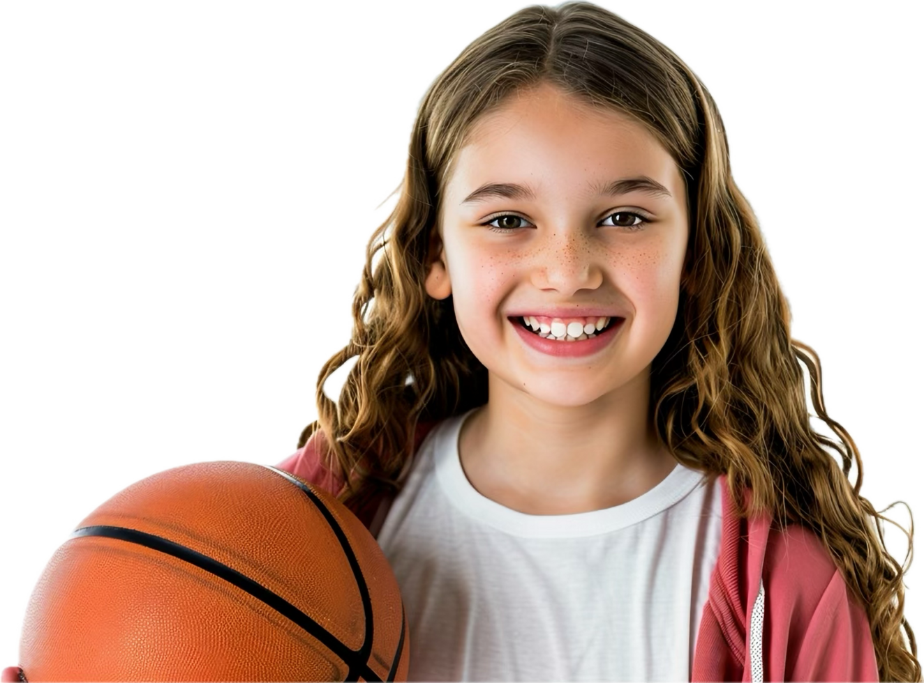 Joyful Girl Holding Basketball Smiling Brightly in Casual Attire png