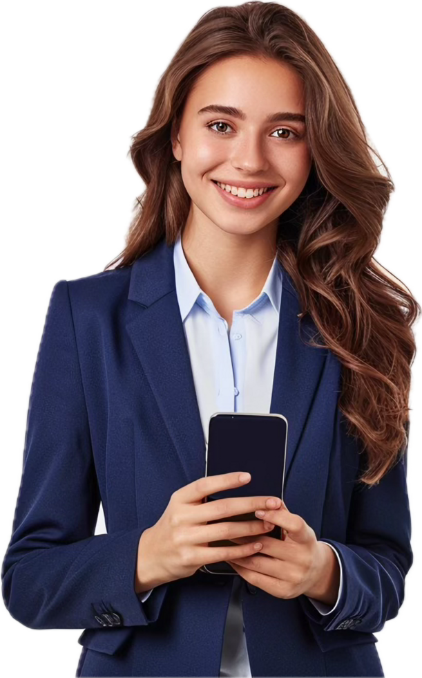 Confident Business Woman Holding Smartphone in Professional Attire png