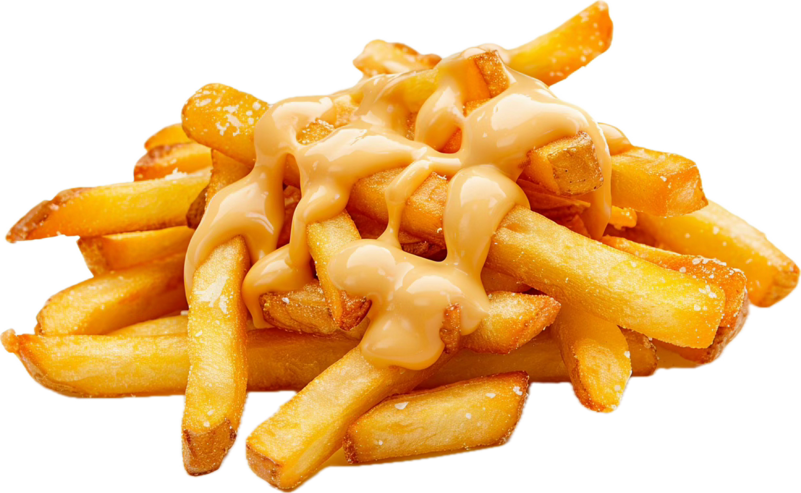Golden French Fries Topped with Creamy Sauce Ready to Enjoy png