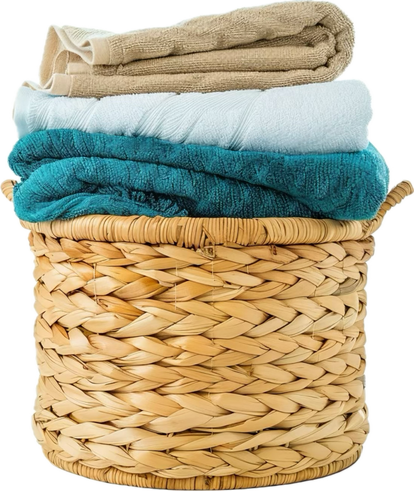 Neatly Arranged Towels in Woven Laundry Basket for Home Decor png