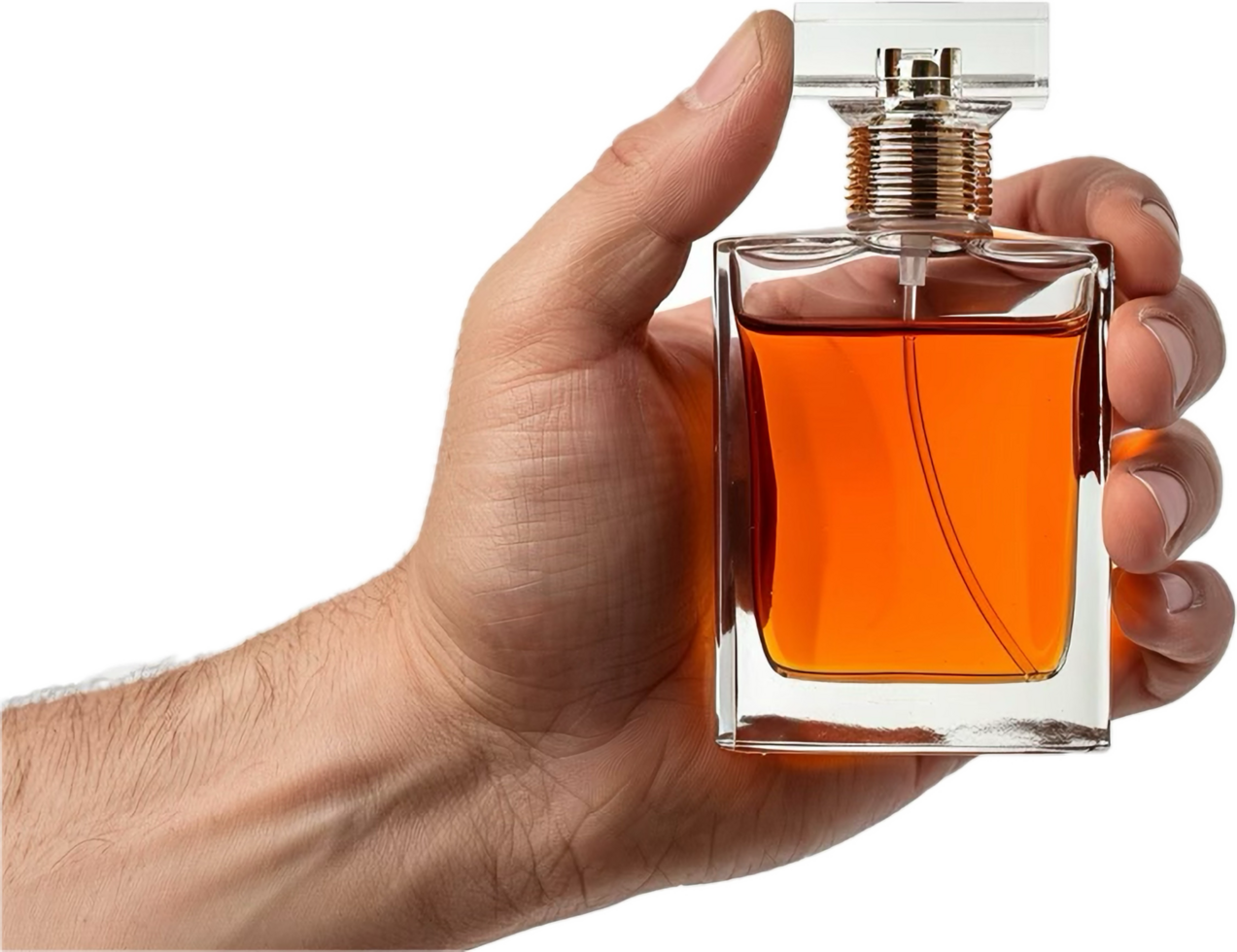 Elegant Hand Holding a Perfume Bottle with Amber Liquid Inside png