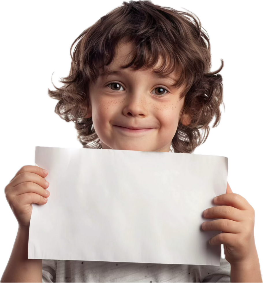 Smiling boy holding blank paper with curious expression on face png