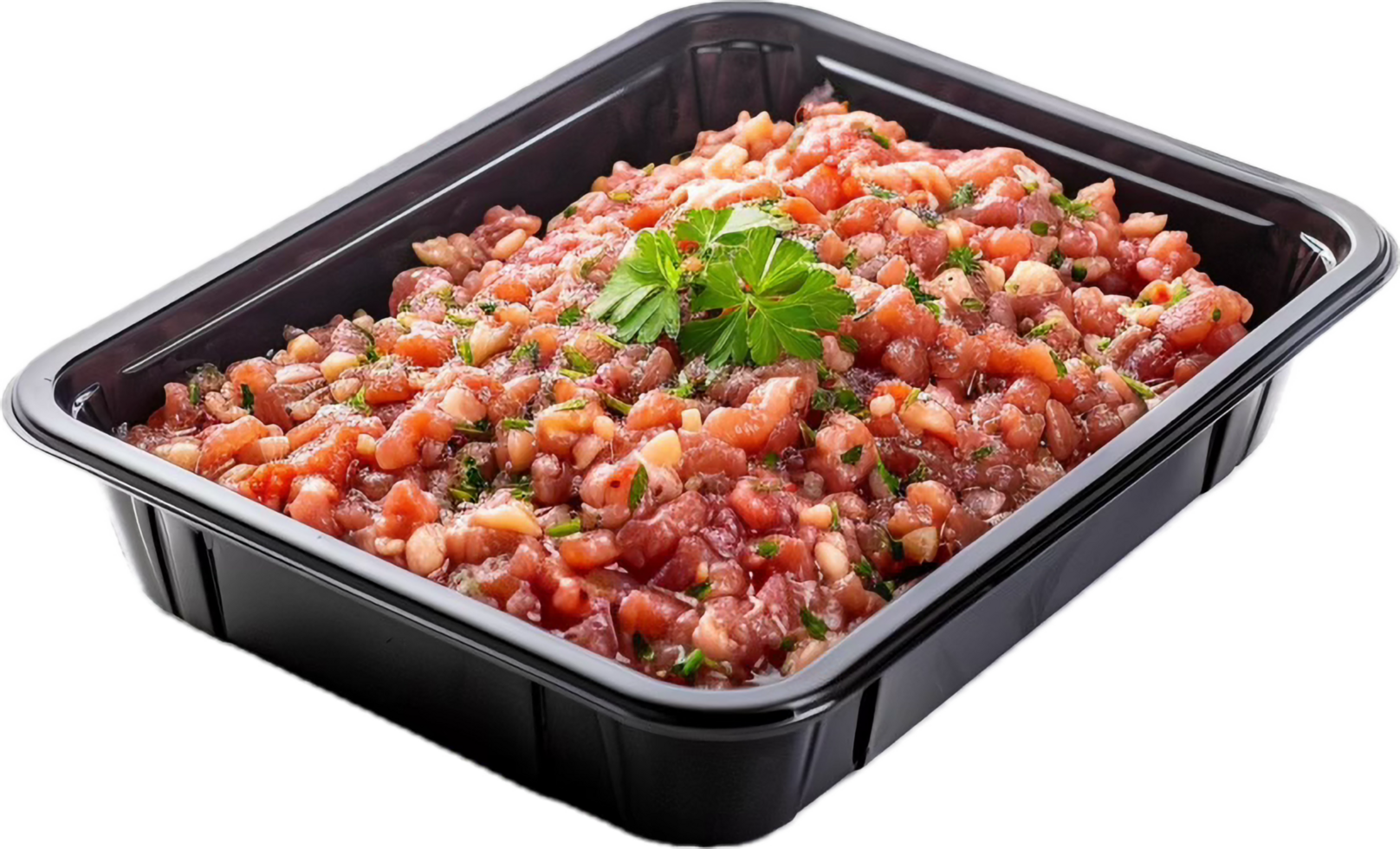 Freshly Chopped Meat in Black Tray with Garnish and Herbs png