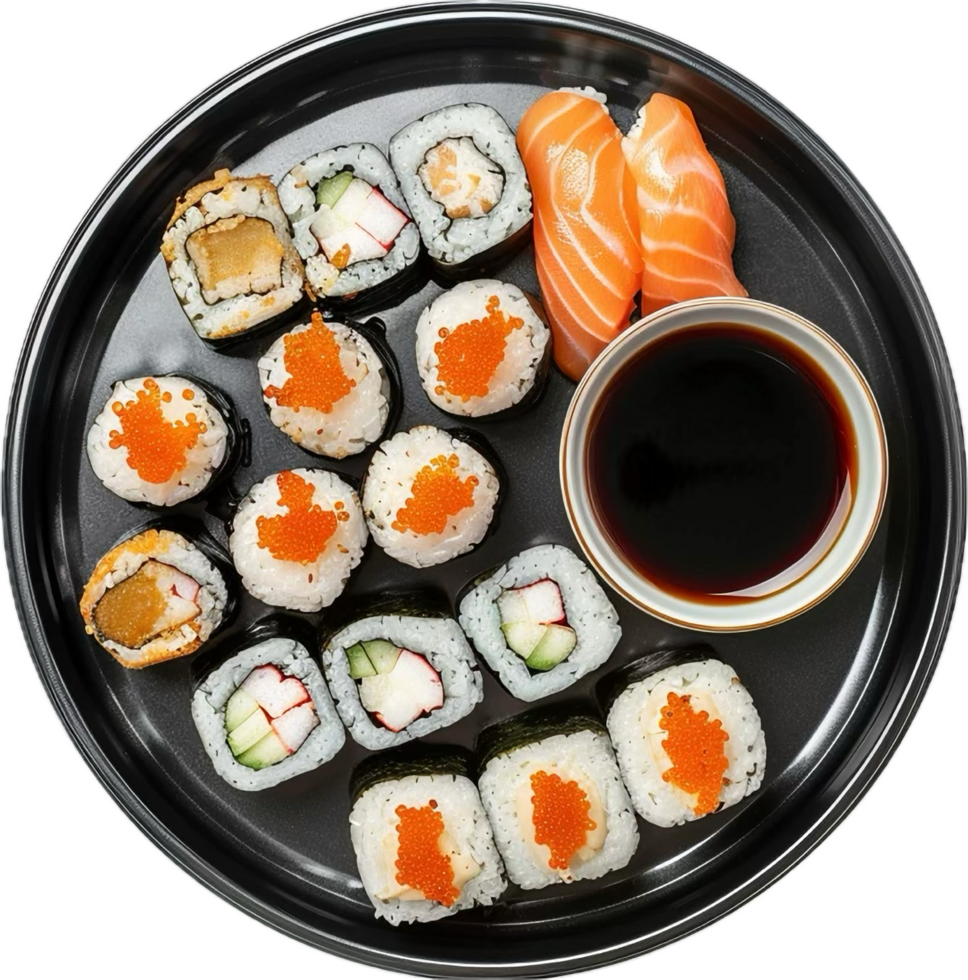 Delicious Sushi Platter with Assorted Rolls and Fresh Fish Slices png