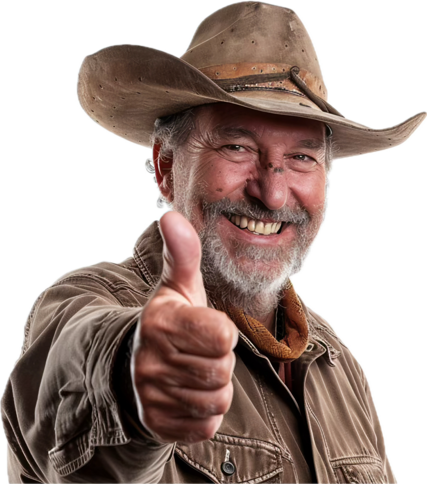 Joyful man with cowboy hat giving thumbs up gesture, smiling broadly png