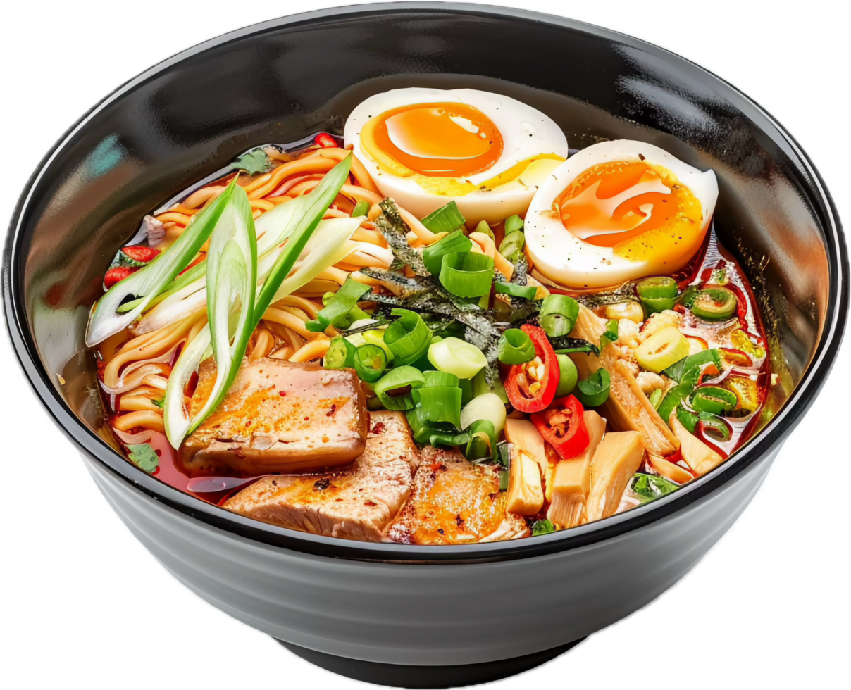 Delicious ramen bowl with soft boiled eggs and fresh toppings png