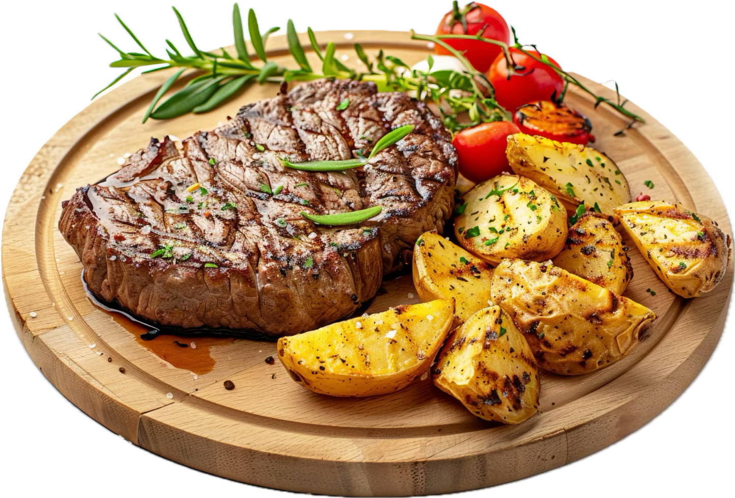 Juicy Grilled Steak with Roasted Potatoes and Fresh Herbs Display png