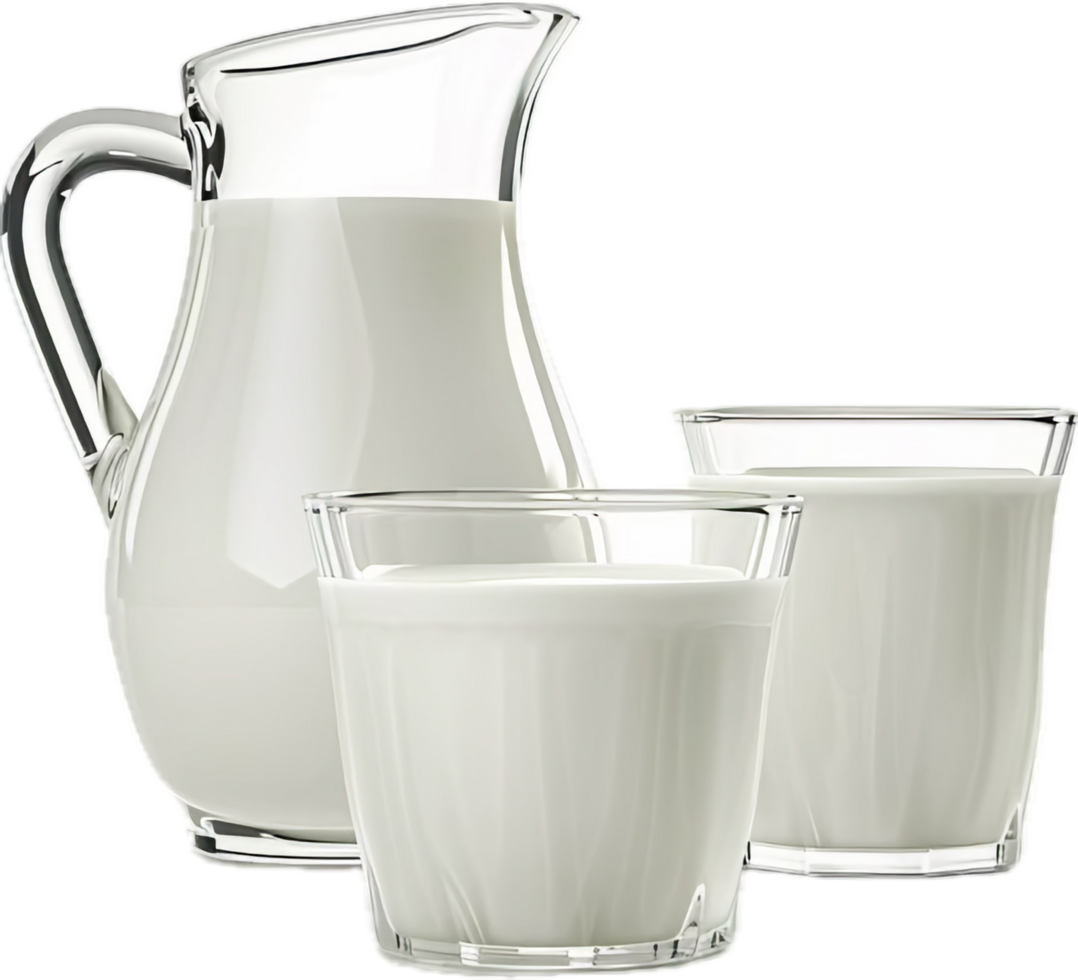 Fresh Milk in Glass Pitcher and Two Transparent Cups png