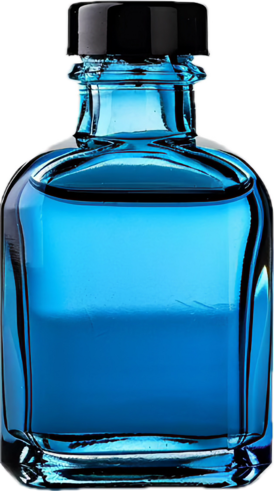 Clear Blue Bottle with Black Cap and Liquid Inside for Decoration png
