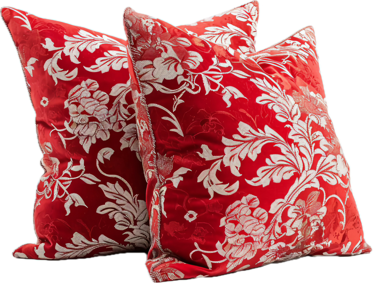 Elegant Red Decorative Pillows with Intricate Floral Patterns png