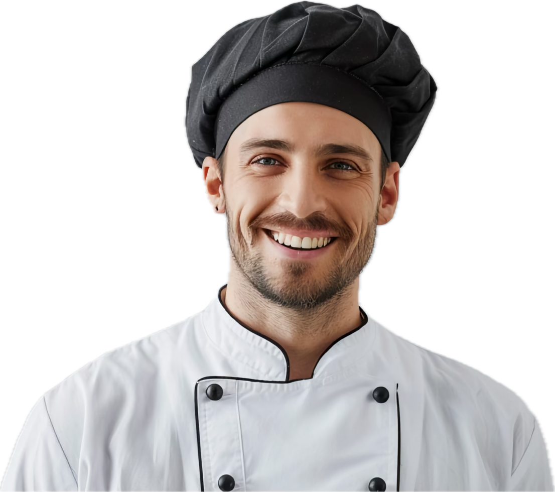 Smiling chef in uniform with hat showcasing culinary passion and joy png
