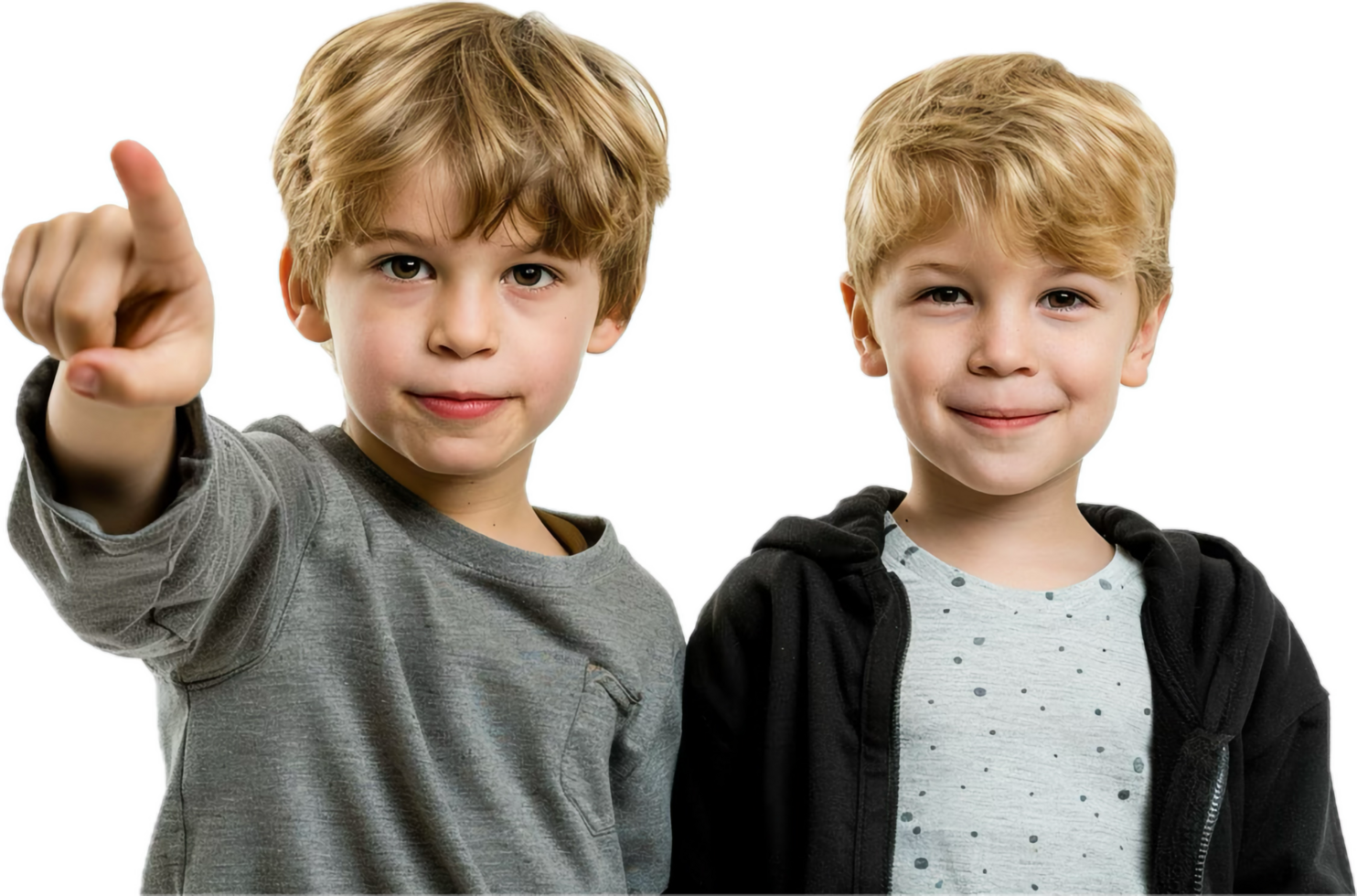 Two Smiling Boys Pointing and Posing Together with Joyful Expressions png