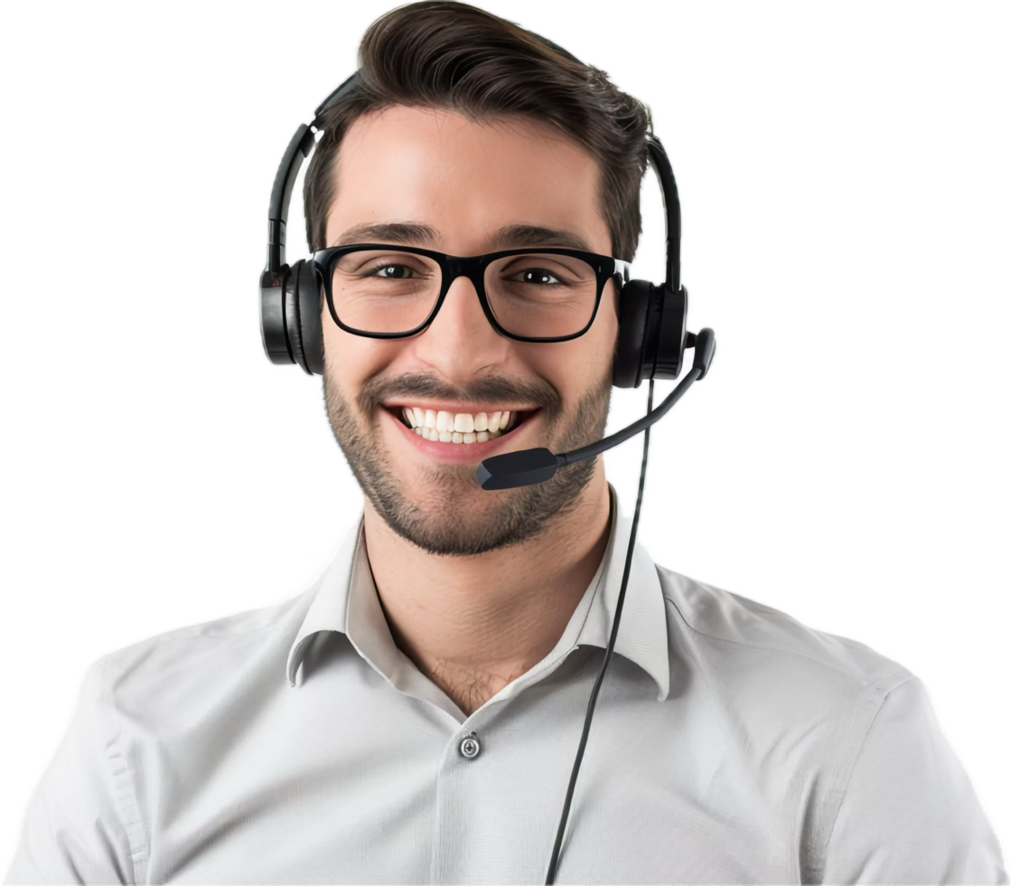 Smiling Male Customer Service Agent with Headset and Glasses png