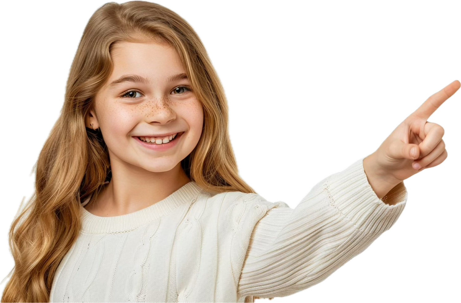 Happy young girl smiling and pointing with a cheerful expression png