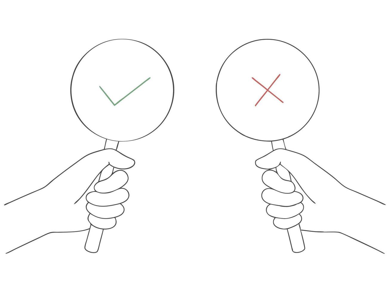 Hands holding yes and no signs representing correct and incorrect choices vector