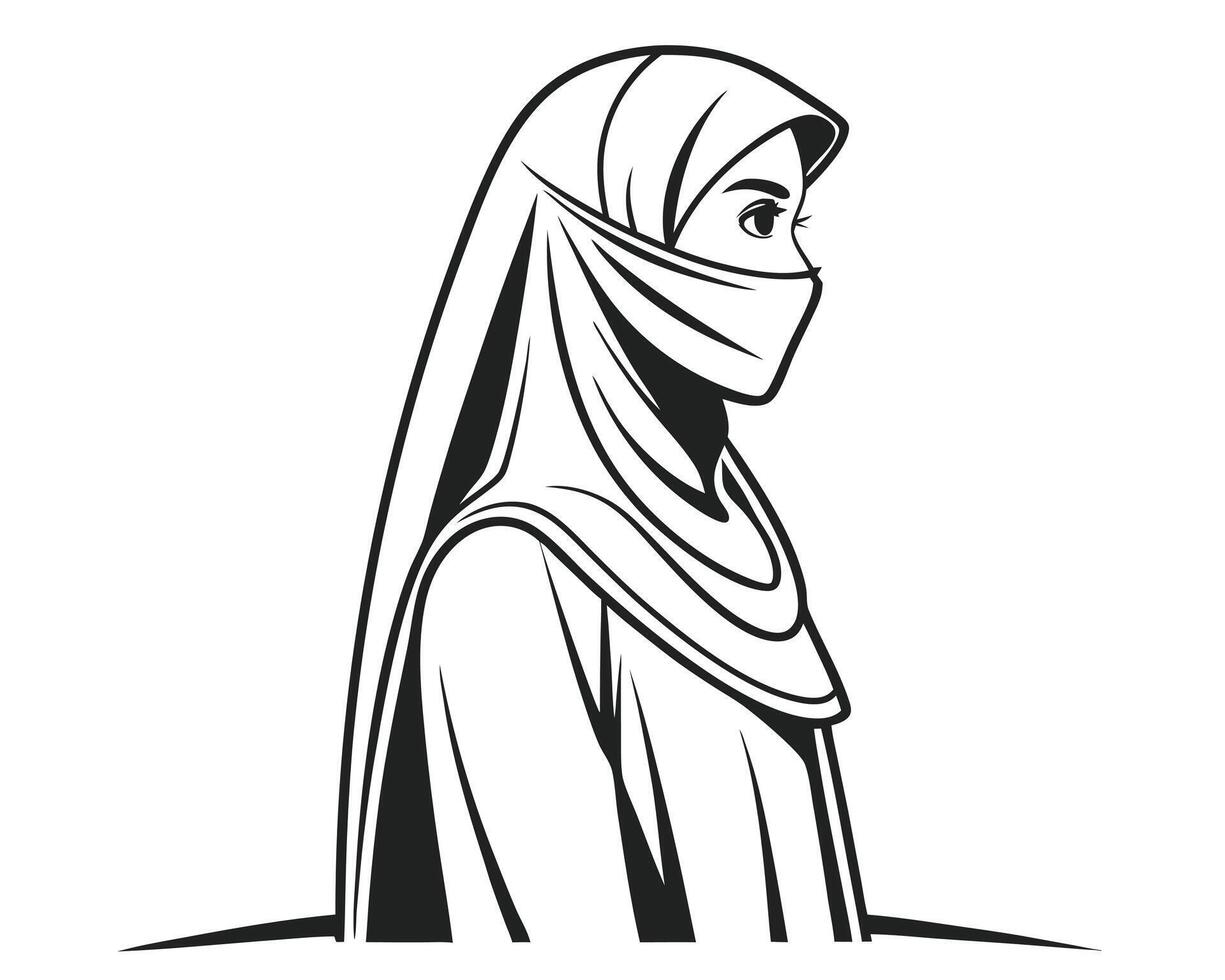 Silhouette portrait of a muslim woman wearing a hijab and veil against a white backdrop vector