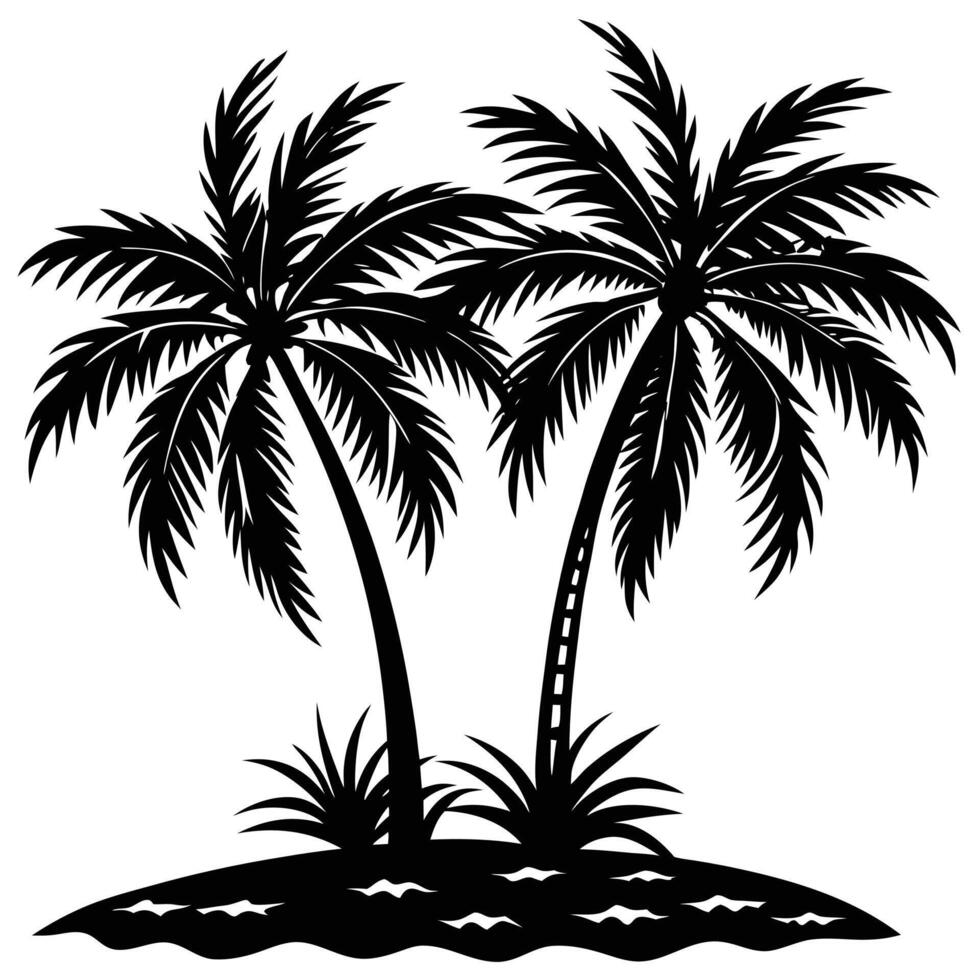 Silhouette illustration of two palm trees on a tropical island with lush vegetation vector