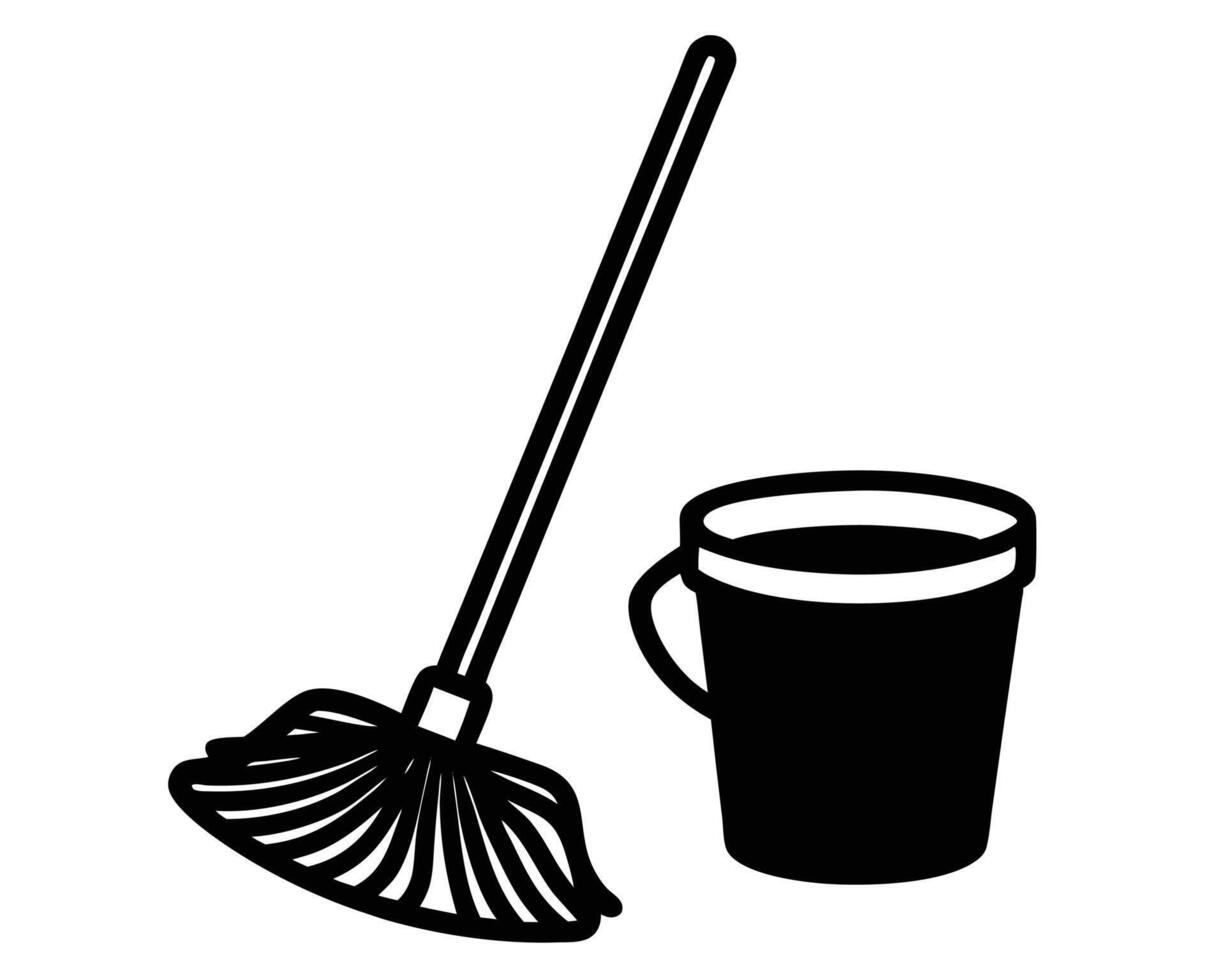 Black and white illustration of a mop and bucket representing cleaning and hygiene vector