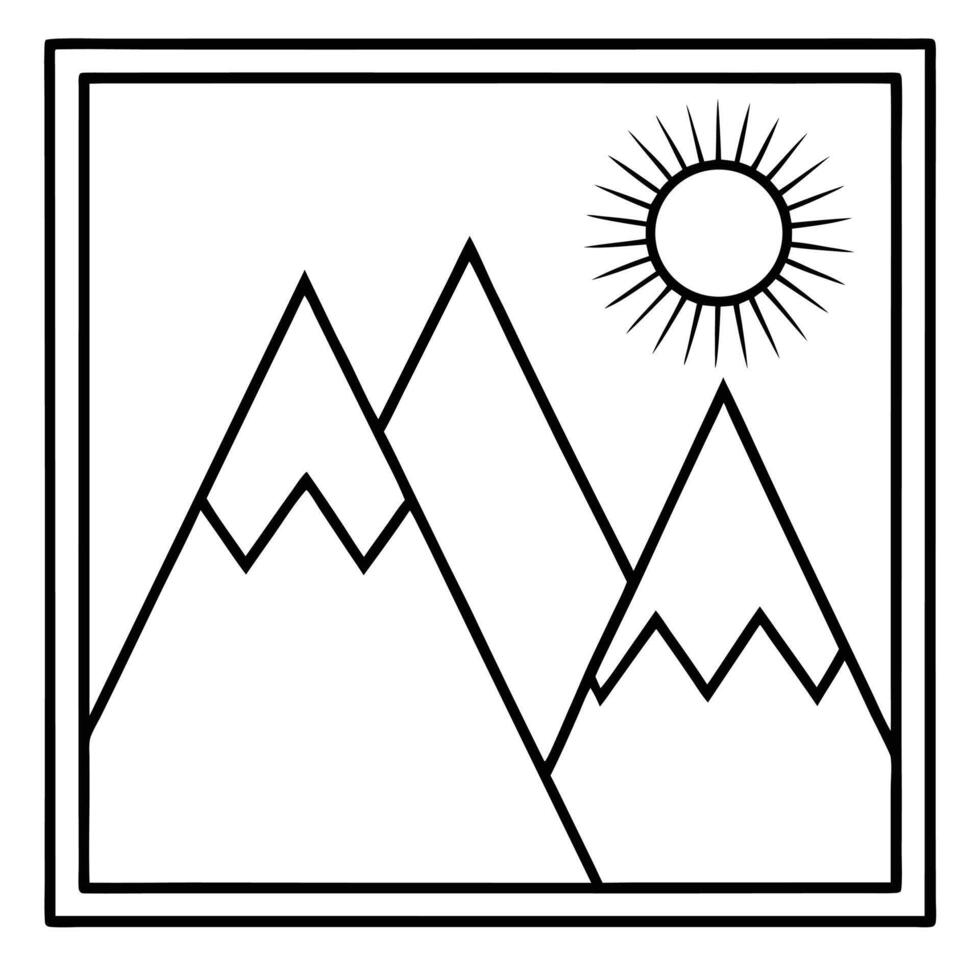 Simple black and white landscape illustration featuring mountains and a sun within a frame vector