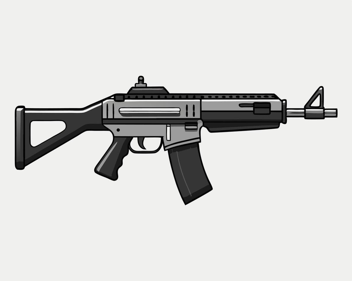Modern assault rifle illustration featuring detailed design and metallic gray coloring vector