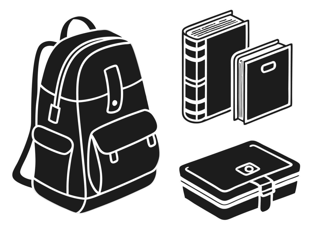 illustration of school supplies including a backpack books and a lunchbox in black and white vector