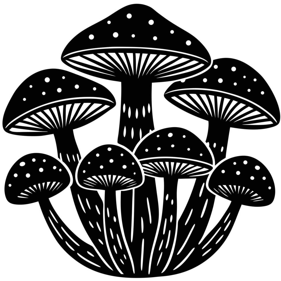 Black and white illustrated collection of multiple stylized mushrooms against a white background vector