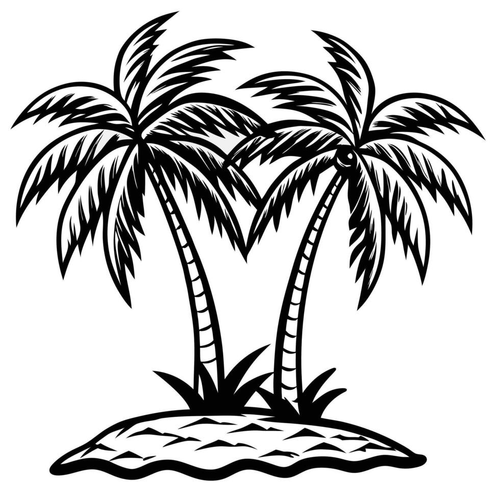 A illustration of two stylized palm trees on a tropical island in black and white vector