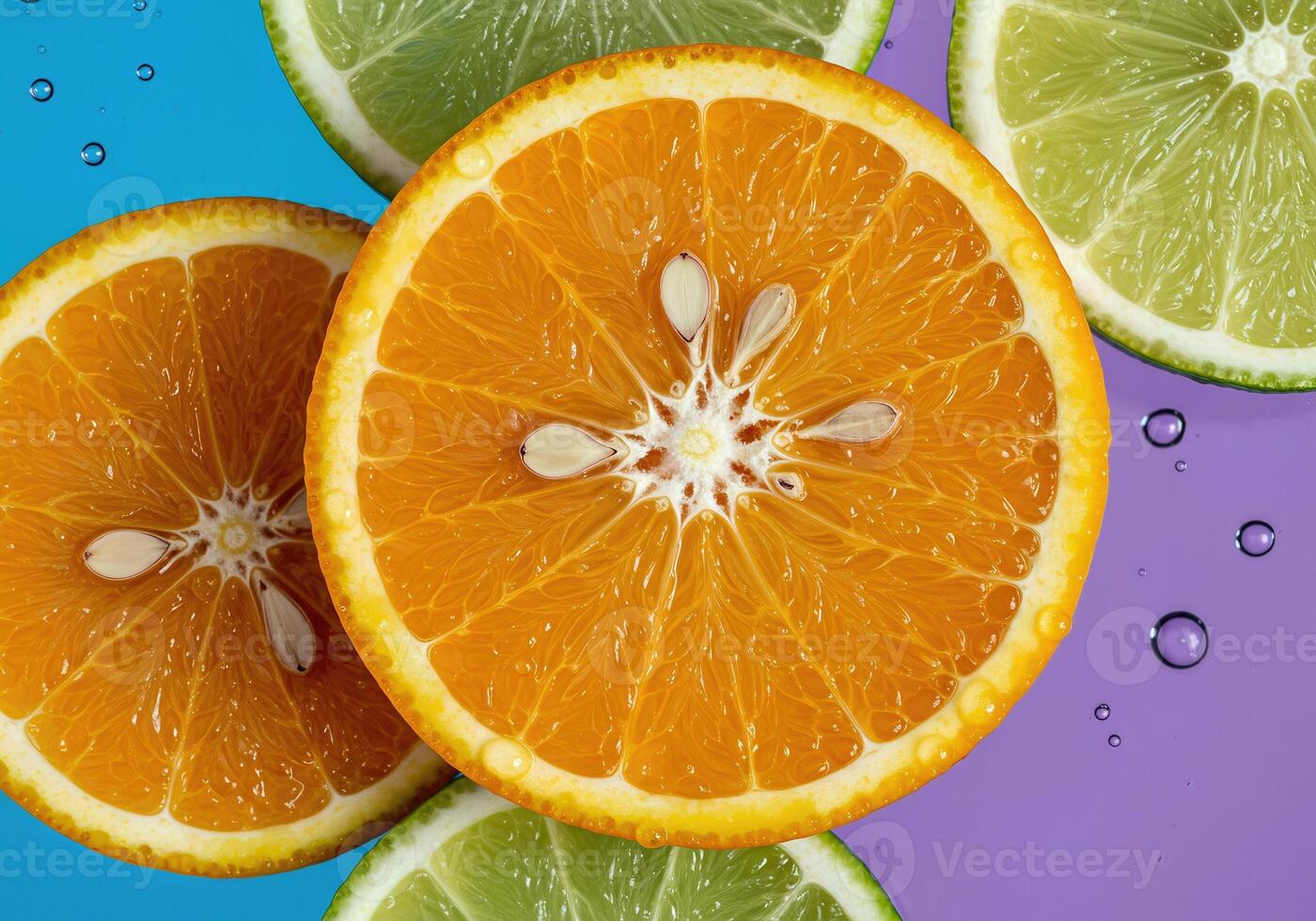 Fresh Citrus Cut Slices with Visible Seeds and Juice on a Vibrant Backdrop photo